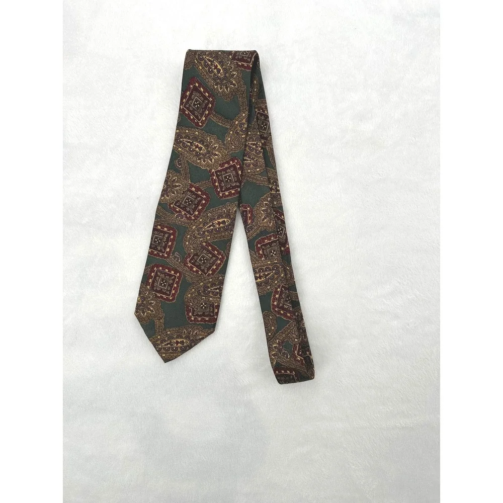 Robert Talbott Carmel Necktie Paisley Square Olive Green Burgundy‎ Silk Tie